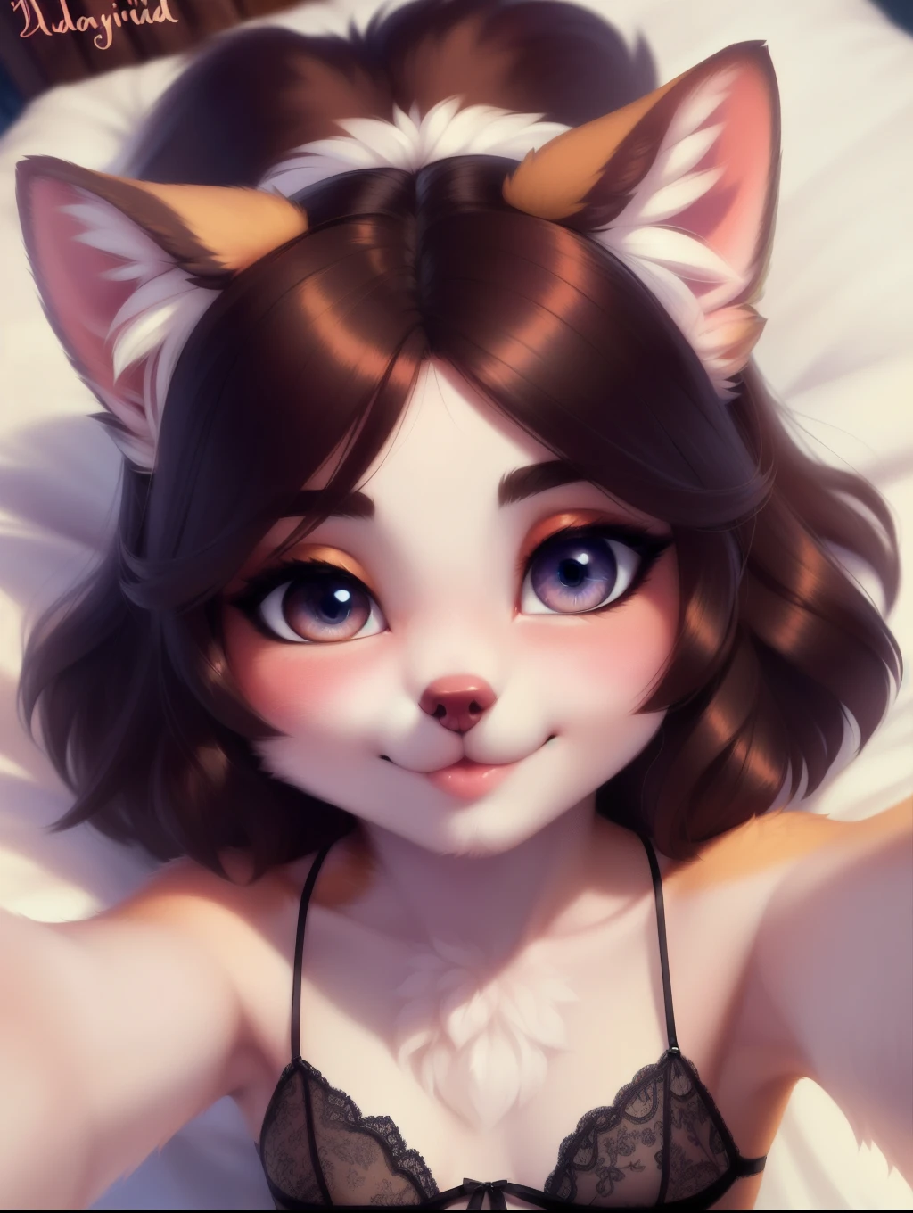 beautiful and detailed upper body portrait , ((young  anthro puppy)), anatomically correct, Schlank, Hochgeladen E621, detailed flauschige fur, (von Fluff-Kevlar, Iskra, personalami, Pino Daeni), 1girl, cute bra and panties, adorable, bedroll , 1girl, realistic, ultra sharp image, view from above, (solo), highly detailed, first person view, masterpiece, (lying on her back), short hair, flat chest, dark hair, perfect eyes, absurd resolution, cute snout, eyelashes, (kissy face), (Kissing mouth), first kiss, very young girl, detailed facial features, sharp focus, selfie, (full body 1:2),  fluffy tail, blushing, waiting, floppy ears, 