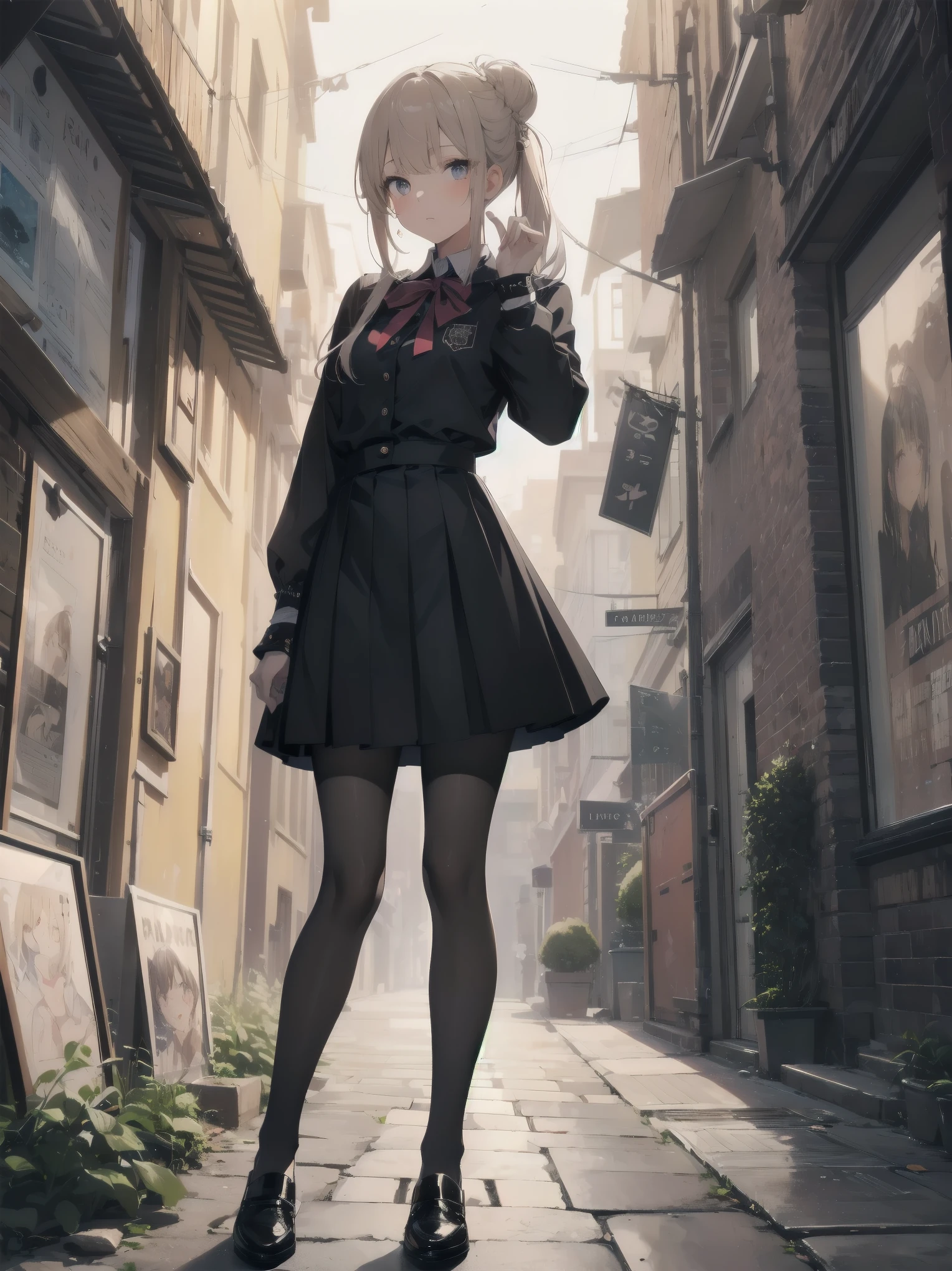 Masterpiece, high quality, high resolution, perfect face, realistic skin texture, young girl, alone, solo, ta, chibi, marquise daughter, daughter fashion, feminine fashion, focused gaze, bangs, skirt, long sleeves, uniform, full body, black pantyhose, outdoor, shoes, seraphook, bangs, blurred, stylish skirt, Black pantyhose, hair in a bun, unusual nostalgic view of the world, fine cobblestones, distant background, artistic shading, best illustration of a beautiful woman, resting head, girl making a mocking gesture, movie scene, expressive actor