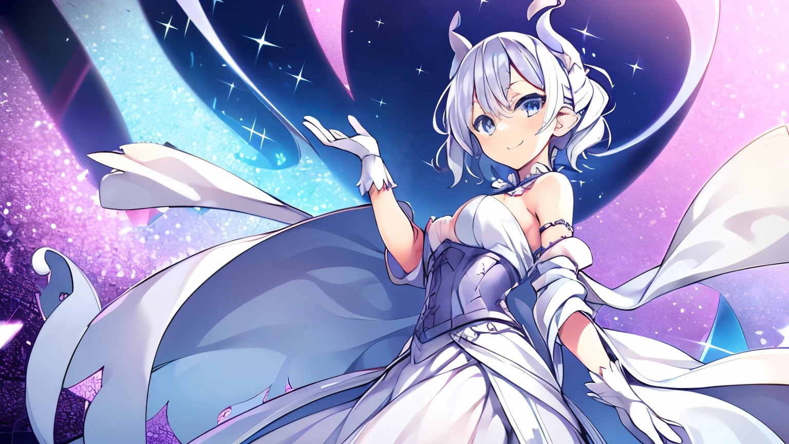 (****:1.2), 1 Girl, Silver Short Hair, Silvery horns,  White Dress, White Cape, bulging sleeves, White Gloves, White Stockings, Silver Corset, White long skirt, 

smile、Open your mouth、
Black Background、

(From the side)、Cowboy Shot、From below、
Depth of written boundary、
((highest quality, High resolution, Perfect Pixel, 4k)), (1 girl), (Beautiful Anime Girls), Watching the audience, Perfect body, 