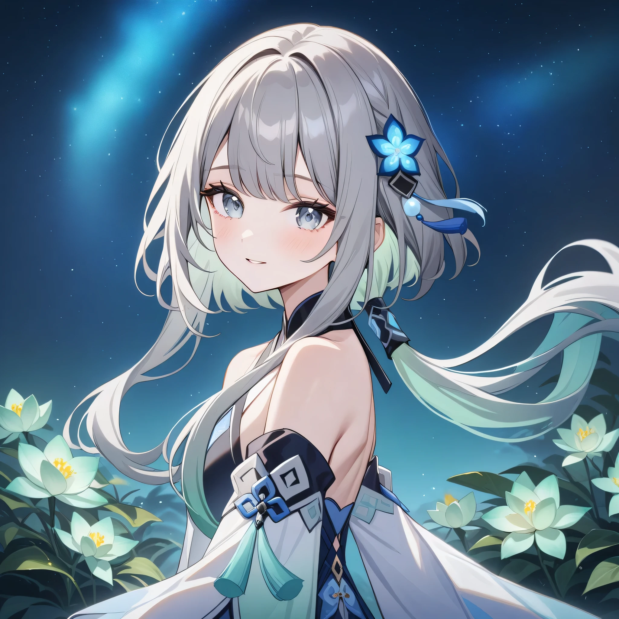1girl, guizhong_\(genshin_impact\),grey hair with mint gradient,short_hair_with_long_locks in front and low ponytail in back,pale grey eyes with mint gradient,starry_sky_print,detached_sleeves, hands completely hidden by long sleeves,stunning field of softly glowing cerulean and white glaze lilies,night scene,gentle smile,face focus, eye focus,moonlight,glossy lips,vivid anime coloring,cel shading,smooth, soft dreamy focus,anklet,halter_top,white clothes,highly detailed,digital painting,bare_shoulders,barefoot,cool night tones, magical night scene,bokeh, professional,seafoam colored fireflies,nebula of rainbow and silvery vapor,harmonious blend of nature and art,transcendent beauty,awe-inspiring artwork,(best quality,4k,8k,highres,masterpiece:1.2),matsuryuu and dsmile and agahari