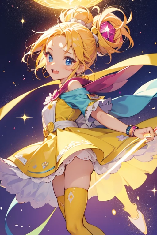 Hoshigirltchi has light pink skin, with blue eyes, and yellow "hair" that points down her forehead. She wears a large pink star hood with cutouts for her yellow hair in two buns, a yellow dress, and red stockings. SPARKLE; GLITTER