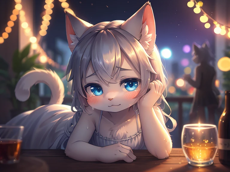 Hallucination, daydream , Bokeh , A cat getting drunk after sniffing silver vine , night dress , romance , Staring at viewer with moist eyes