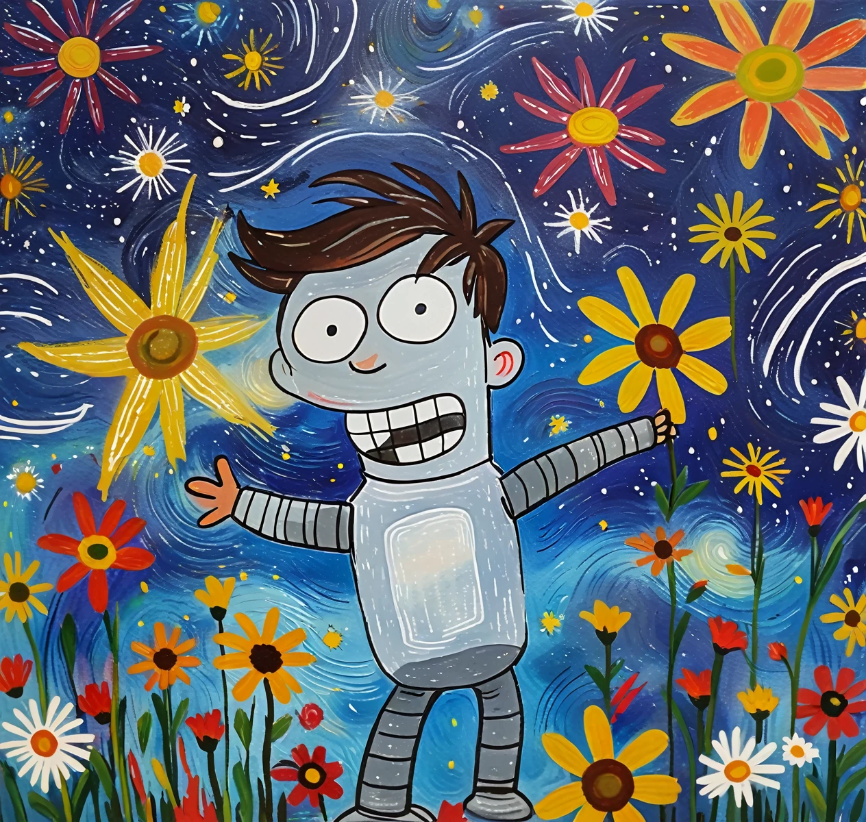 Close-up shot, an Bender little boy wearing a white glass , standing on the land,night view ,Many stars on the night sky,The Milky Way ,colorful flowers,headshot close-up, oil painting style, very obvious oil painting strokes, impressionist palette style, 32k uhd, beautiful, booru, Old time, color cartoon --ar 3:4 --