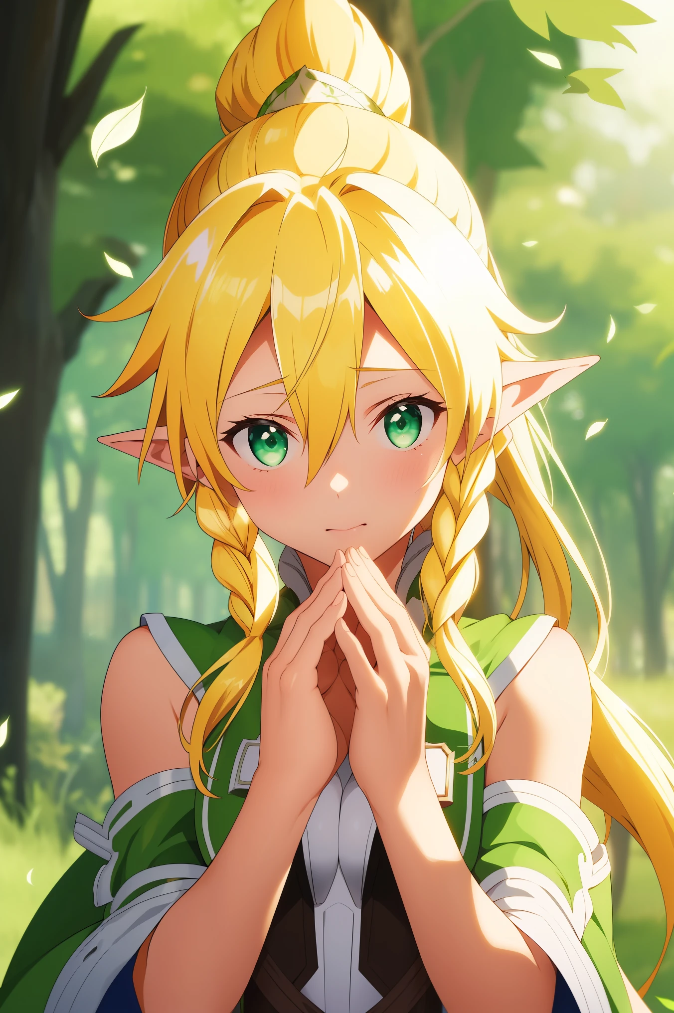 White chinadress, show through, (masterpiece, best quality:1.2), (((leafa))), blonde hair, long hair, green eyes, pointy ears,twin braids, hair between eyes,ponytail, very long hair,side braid, illustration, 8k, hd, (perfect hands, perfect anatomy),