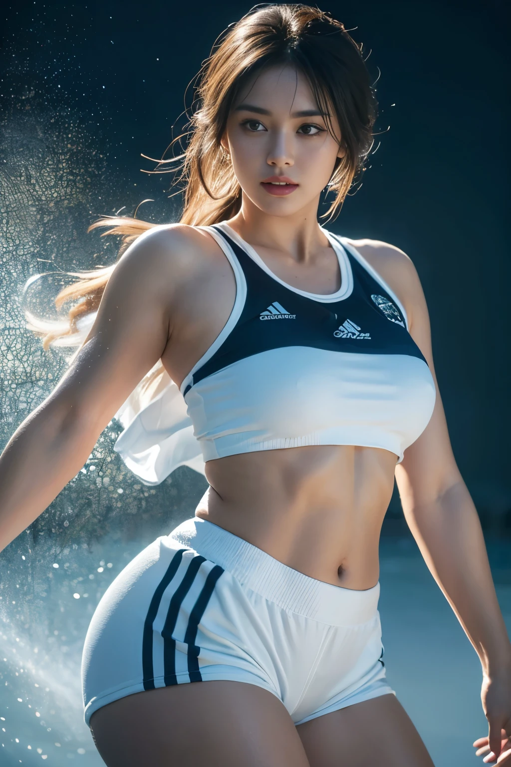 A beautiful woman with a plump body, wearing a crop Real Madrid jersey, shorts, and showing off her perfect abs against a splash color background, (best quality,4k,8k,highres,masterpiece:1.2),ultra-detailed,(realistic,photorealistic,photo-realistic:1.37),detailed facial features, beautiful eyes, nose, and lips, long eyelashes, extremely detailed face, dynamic pose, cinematic lighting, vibrant colors, impressionistic, oil painting