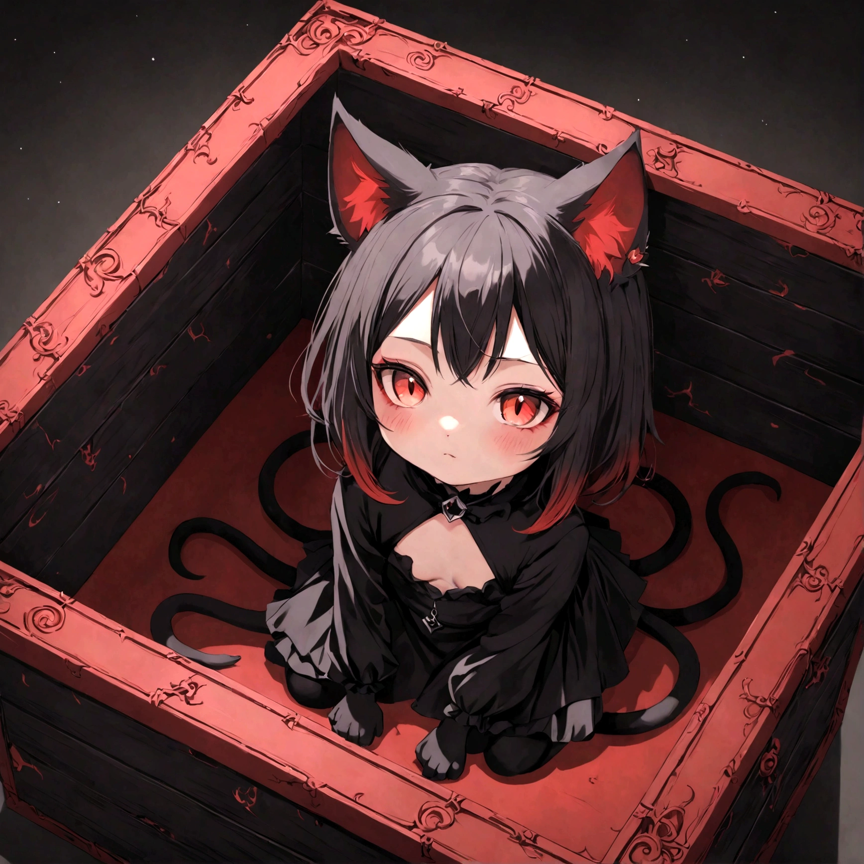 a cute little cat girl with demonic aesthetics sitting in a demonic looking box