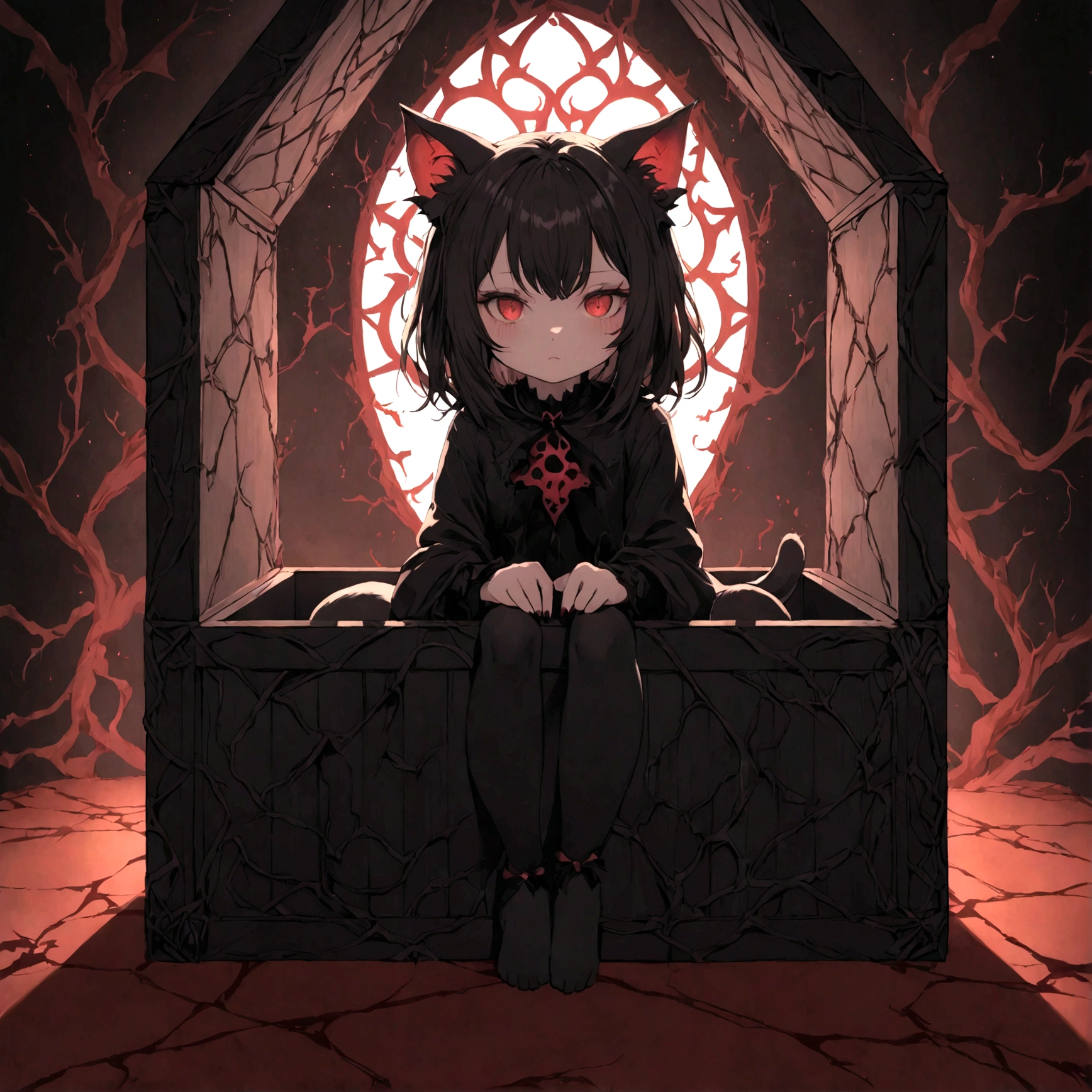 a cute little cat girl with demonic aesthetics sitting in a demonic looking box