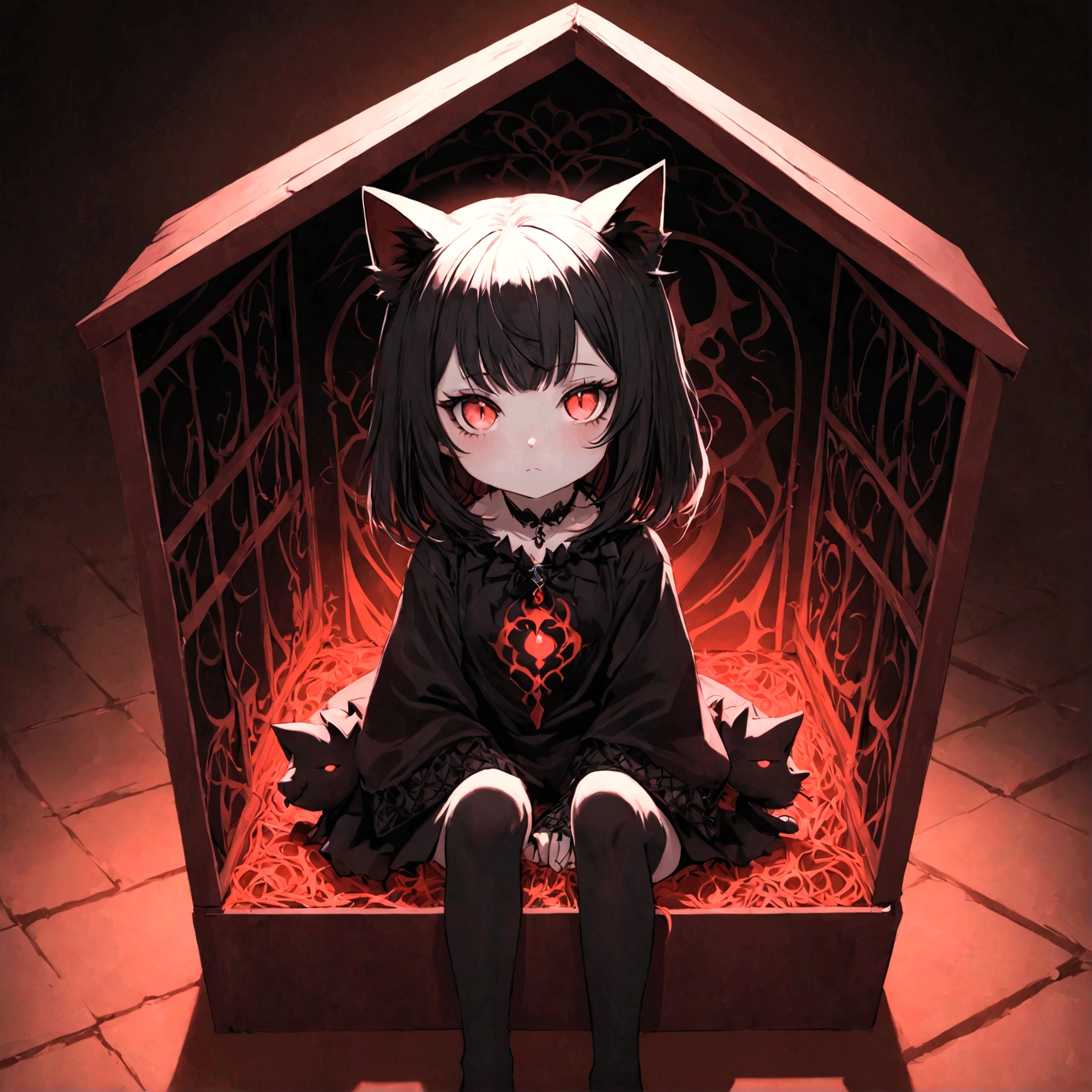 a cute little cat girl with demonic aesthetics sitting in a demonic looking box