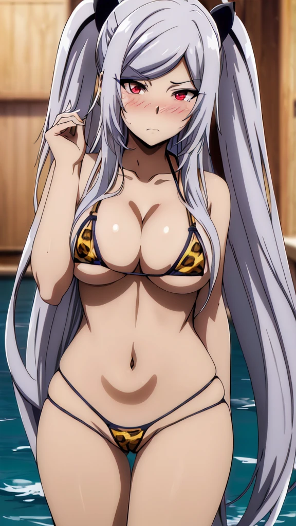 (masterpiece, 4K, highest quality, anime style: 1.9, Detailed face, Lovely, Ocean,Bold Line, High resolution, anime, Lake 4. alone, Curvaceous, Thighs, Cleavage, Center of chest, Very slim belly, Cowboy Shot, Leopard print bikini,1 girl,Glare,((Blushing)),(((Looking into the camera))),Long Hair,Gray Hair,Side Lock,very Long Hair,bangs,Twin tails,hair ornaments,Red eyes,Black Bow,Hair Ribbon,parted bangs,Both sides up, 