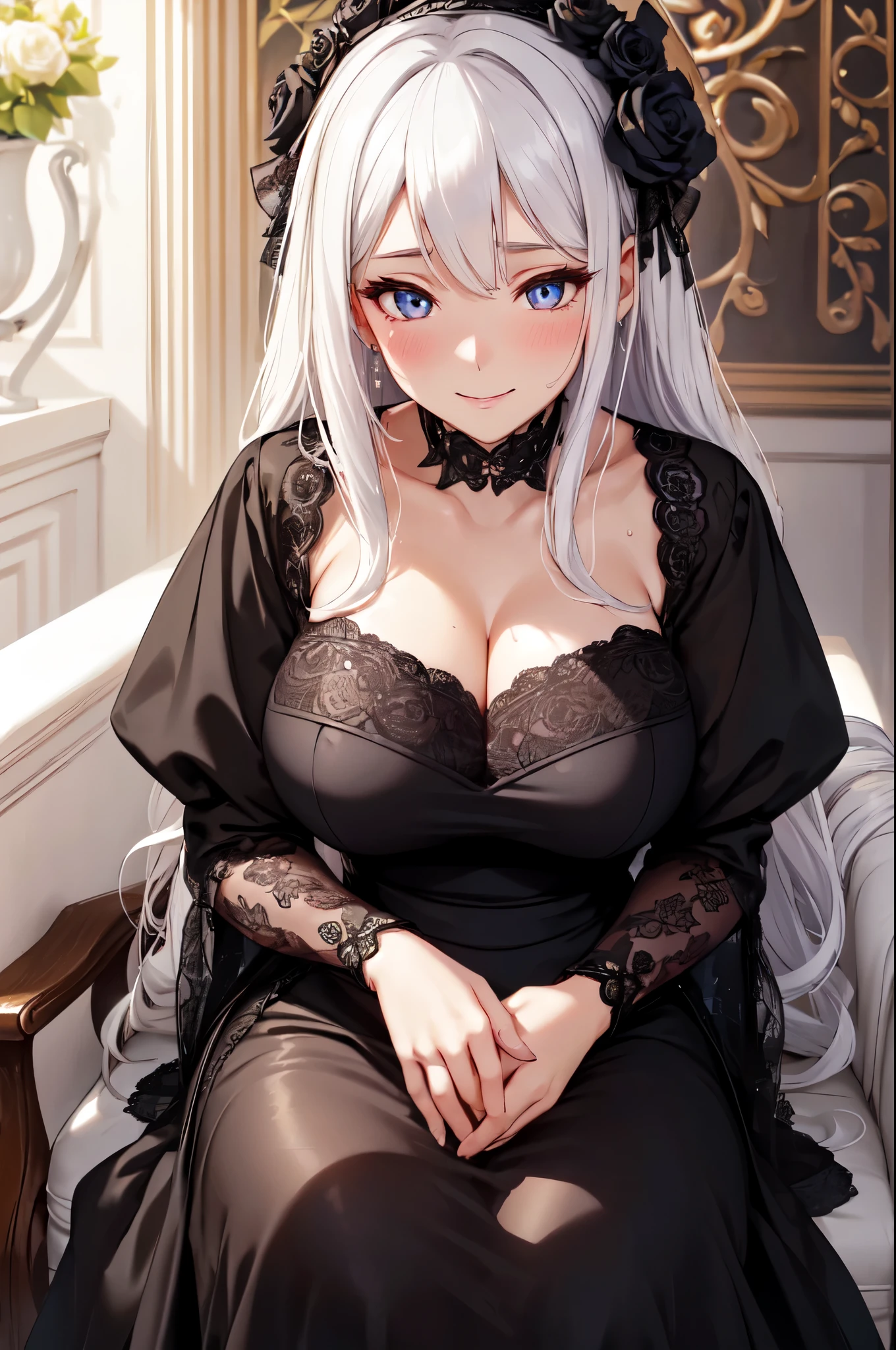 (High quality, High resolution, Fine details), Garden, Black dress with rose pattern, solo, curvy adult women, white hair, sparkling eyes, (Detailed eyes:1.2), smile, blush, Sweat, Oily skin, Soft tones, shallow depth of field