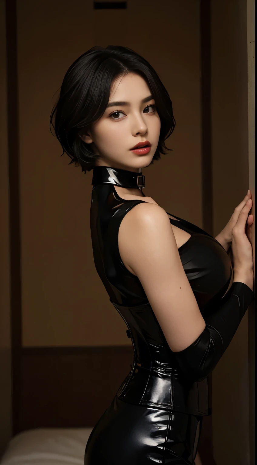 Fascinated,Rubbery,black corset,Tights,collar,National Foundation,((best quality,8K,masterpiece:1.3)),Be focused:1.2,Beautiful Women in Perfect Shape:1.4,Slim abs:1.2,Wet body:1.5,Highly detailed face and skin textures,Delicateeyes,Double eyelids,very short hair,huge ,huge breasts,Showing breasts,Showing breasts