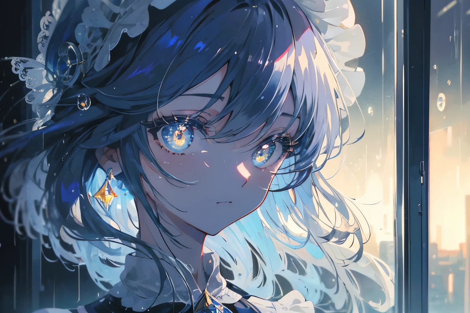 Create exquisite illustrations reminiscent of Makoto Shinkai's style, It has ultra-fine details and top-notch quality. Create a high-quality illustration depicting a beautiful girl looking out of a window at the rain on a nostalgic and fantastical night. The scene should evoke a sense of nostalgia and enchantment, with intricate details and a dreamy atmosphere. The girl's features should be beautifully rendered, capturing her serene and contemplative expression. The window should show rain-soaked streets and softly glowing streetlights. Inside the room, include elements like warm lighting, reflections on the glass, and subtle shadows to enhance the nostalgic and magical feel. Every detail should be meticulously crafted to immerse the viewer in a nostalgic and fantastical moment. best quality, masterpiece, expressive eyes, gorgeous, vivid, perfect face, smile, happyness, 2eyes, emotion, detailed pupils, vivid pupils,stunning, life, relfection, peace, warm, compsition, artistic, 4k, wallpaper, bonnet, wind, glowing eyes
