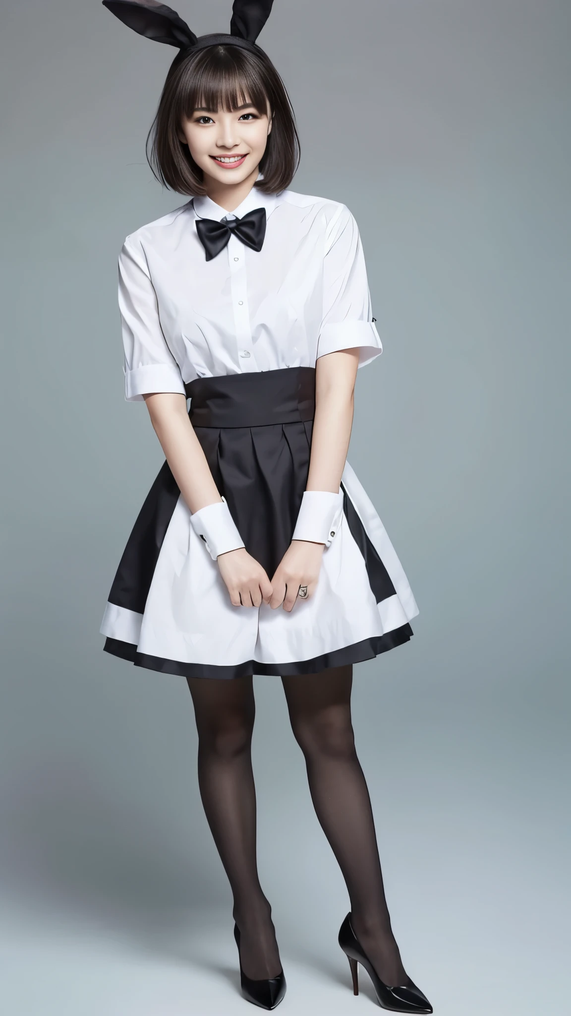 Bunny girl in maid outfit:1.5,Wearing black tights:1.5,The best smile:1.5,Full Body Shot:1.5,Gray background:1.5,Wearing black high heels:1.5,Short hair with side waves:1.5,