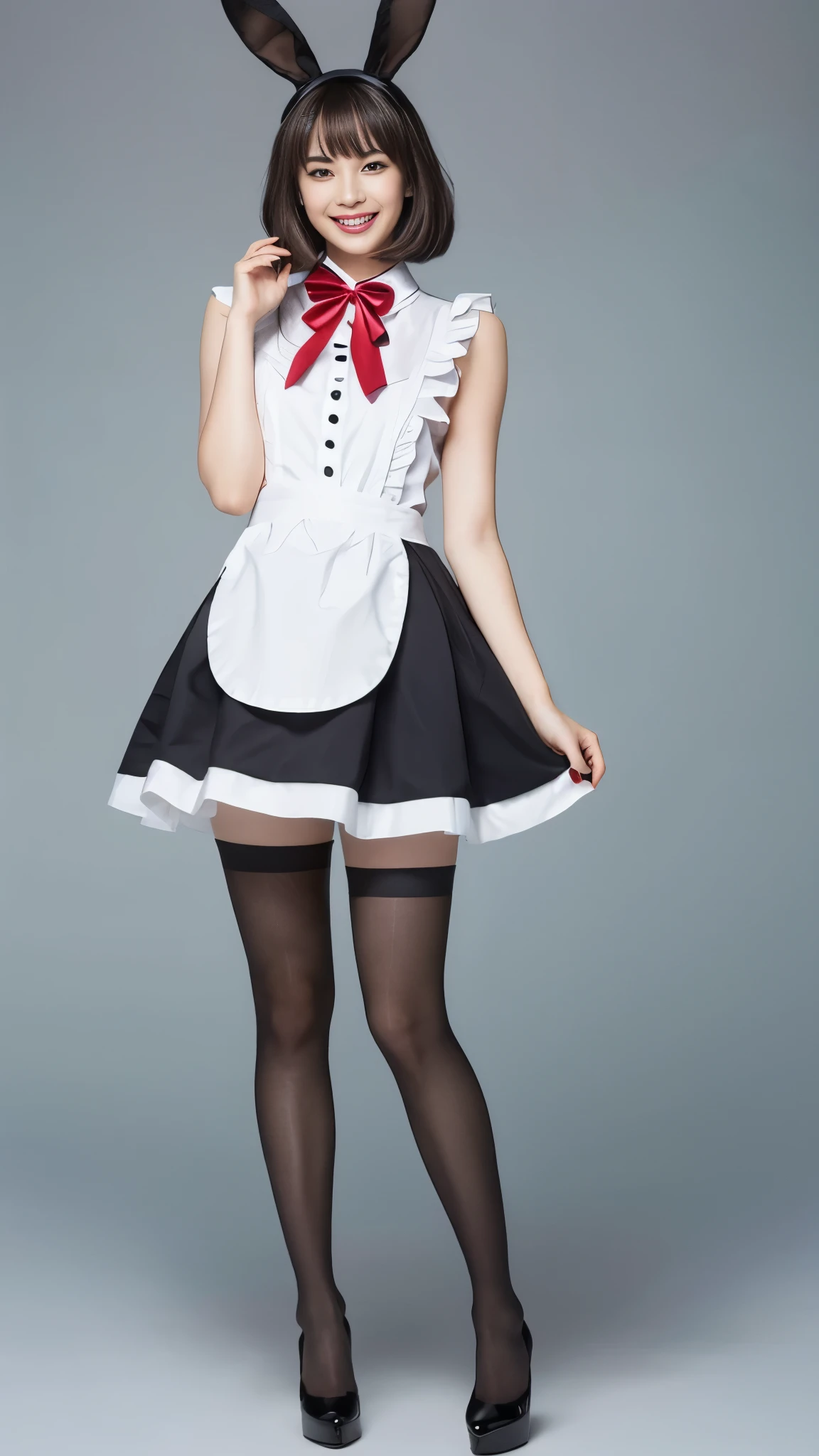 Bunny girl in maid outfit:1.5,Wearing black tights:1.5,The best smile:1.5,Full Body Shot:1.5,Gray background:1.5,Wearing black high heels:1.5,Short hair with side waves:1.5,