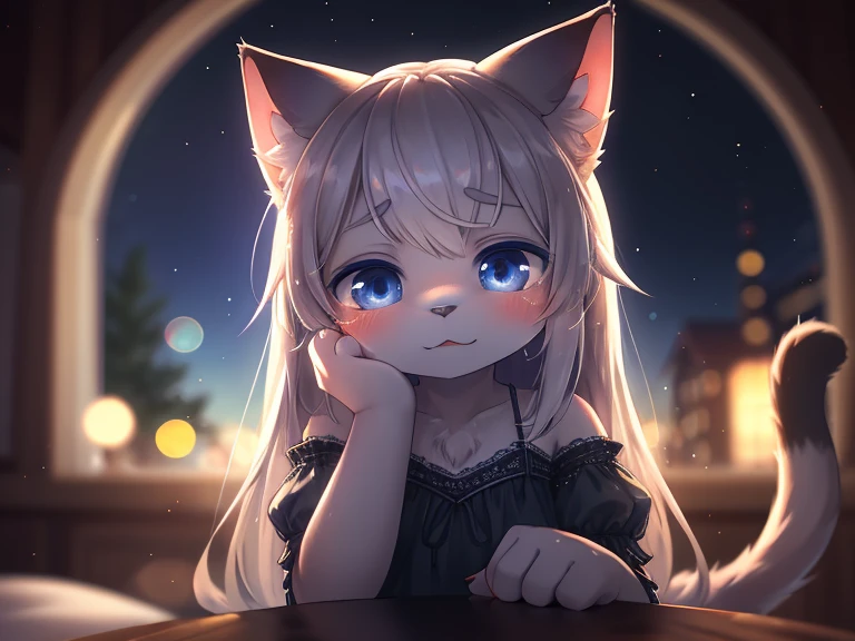 Hallucination, daydream , Bokeh , A cat getting drunk after sniffing silver vine , night dress , romance , Staring at viewer with moist eyes , bad trip