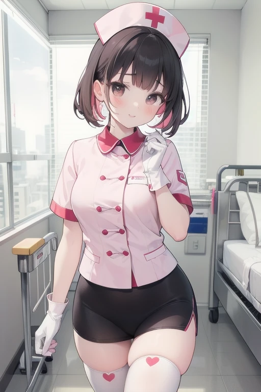 1girl, solo, nurse, nurse cap, white wear, ((white legwear, zettai ryouiki)), white gloves, pink hair,  drooping eyes, ((covered nose)), standing, ((hospital room)), sharp outline, short sleeves, best quality, masterpiece，Fleshy，Brown eyes，Fleshy，Black hair，happy，lol，Heart，belt，Black clothes，Exposing underwear，Black lingerie，Hug chest，Side breast exposure