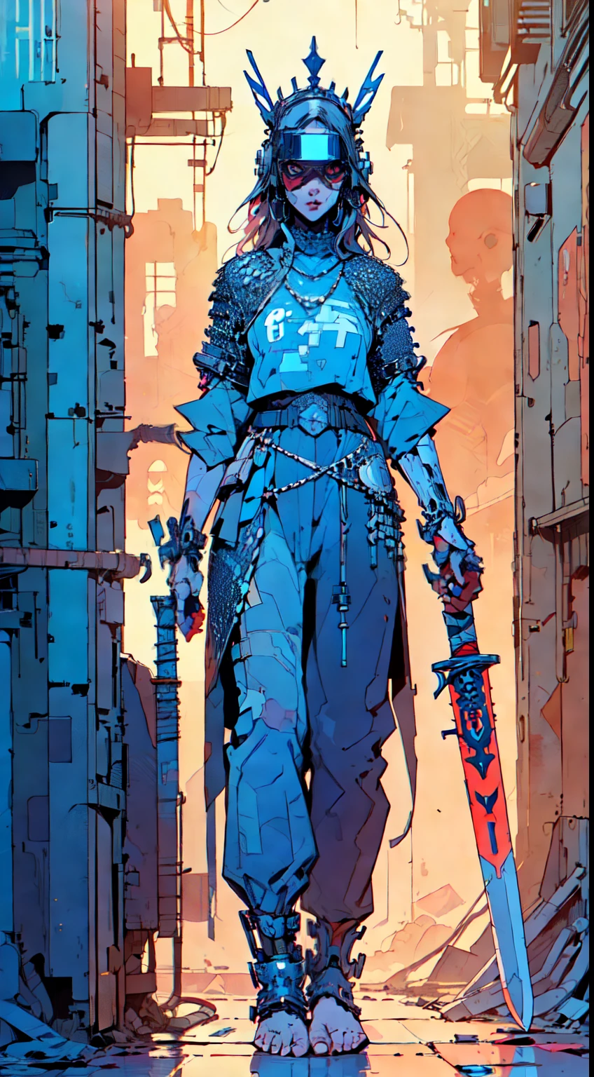 perfect proportions, anatomically correct, (head to toe: 2.0), (full body image: 2.0), solo, extremely stylized, deviant art, masterpiece, highly detailed, detailed eyes, expressive detailed eyes, detailed pupils, futuristic, ((wearing a crown)), ((holding a scimitar and shield)), (cybernetic arms:1.4), big boots, entire body image, full body shot, tassles, large beads, (large tassels), cyberpunk, inkpunk, paint platter, ink splatter, (action pose:1.0), ((chainmail shirt))