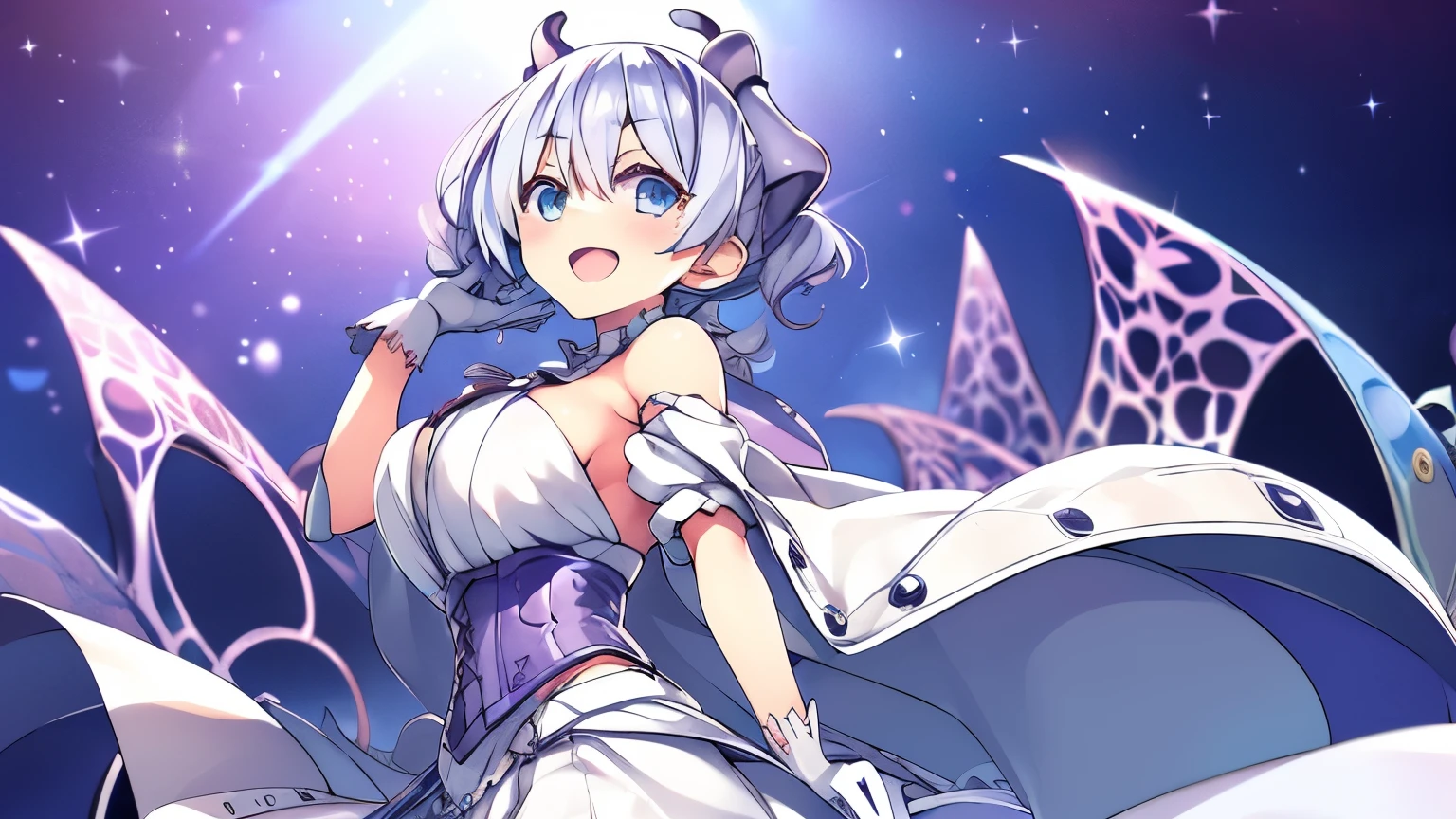 (****:1.2), 1 Girl, Silver Short Hair, Silvery horns,  White Dress, White Cape, bulging sleeves, White Gloves, White Stockings, Silver Corset, White long skirt, 

smile、Open your mouth、
Black Background、

(From the side)、Cowboy Shot、From below、
Depth of written boundary、
((highest quality, High resolution, Perfect Pixel, 4k)), (1 girl), (Beautiful Anime Girls), Watching the audience, Perfect body, 