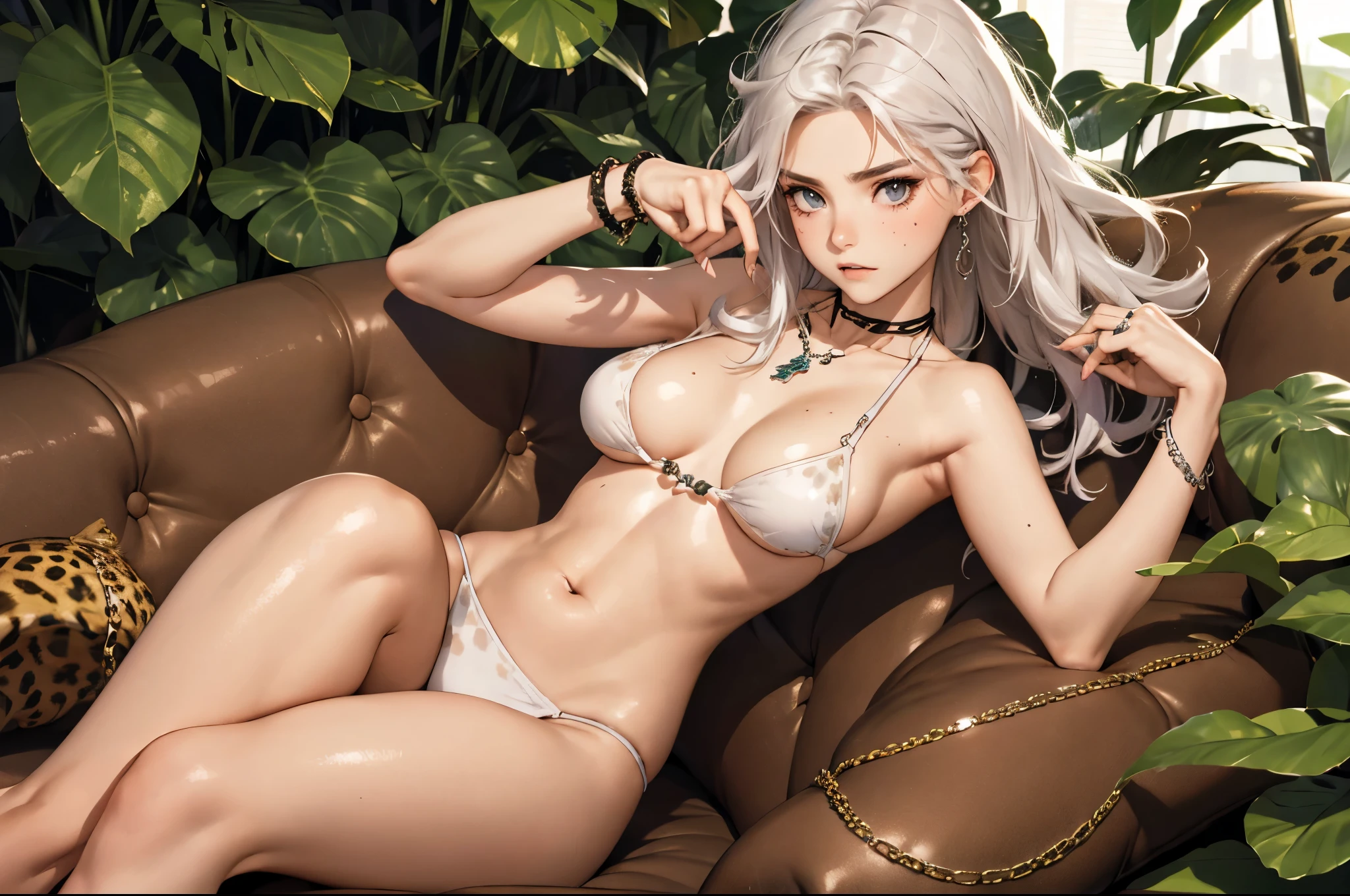 （lifelike， high - resolution：1.3）， 1 girl with a perfect body，slender body, Super fine face and eyes，assasin, dark makeup, shiny skin，white hair, (jungle bikini, cheetah print micro bikini)，Expose cleavage, (bracelets, tooth jewelry, a lot of necklaces, very long necklaces, necklaces down to stomach, body chains, waist chains)