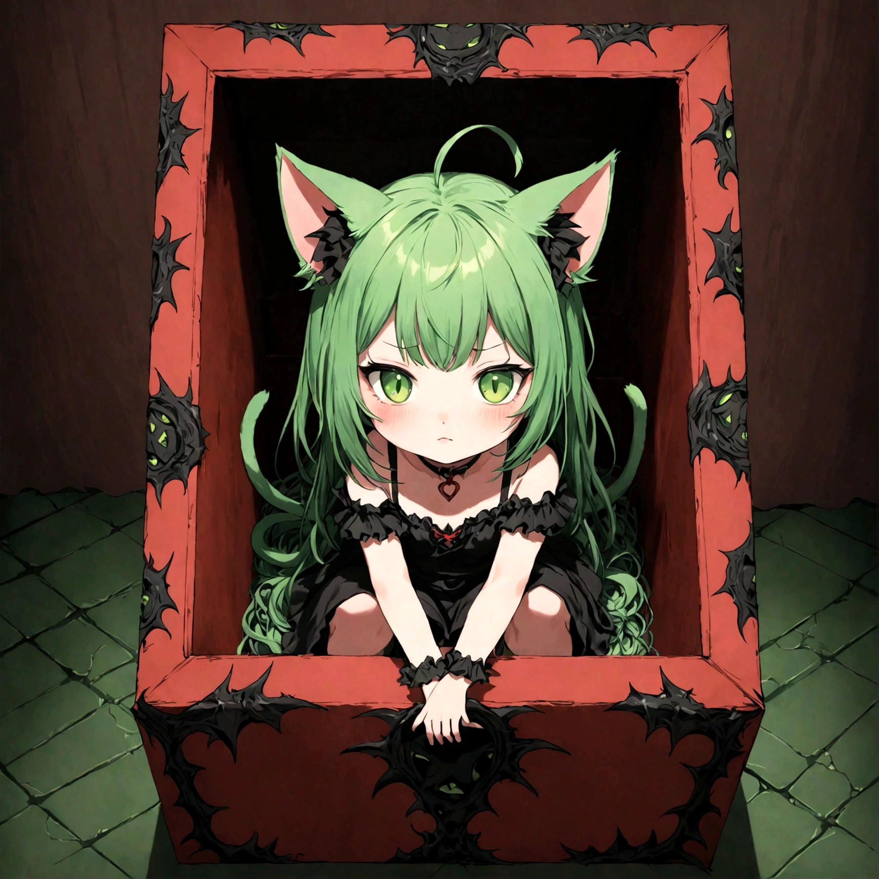 a cute cat girl green hair, with demonic aesthetics sitting in a demonic looking box