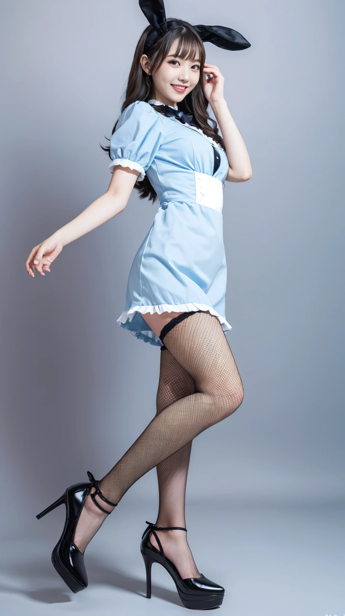 Bunny girl in a light blue maid outfit:1.5，Wearing light blue fishnet stockings:1.5，The best smile:1.5，Full Body Shot:1.5，Gray background:1.5，Wearing black high heels:1.5，