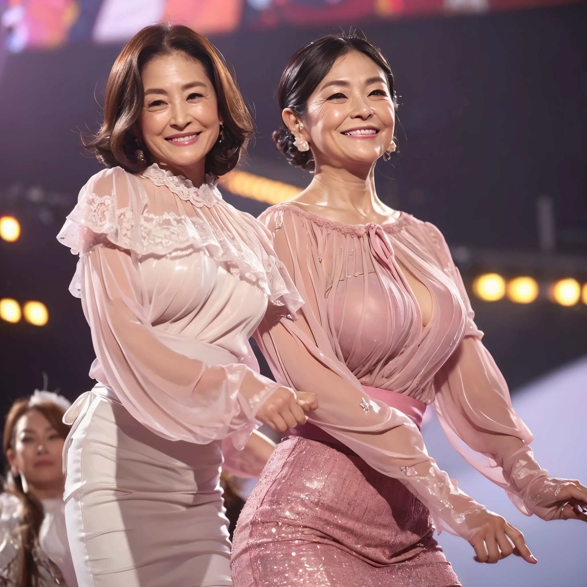 ((highest quality)), ((8K)), ((masterpiece: 1.3)), (Perfect appearance), (Photorealism: 1.6), (A woman standing in the middle of the stage: 1.8), (60 years old, Japanese Mature), (Blurred Background: 1.8), ((Standing, Look forward, A woman on the right side of the screen: 1.6)), ((Realistic skin texture)), (Fine wrinkles appear all over the skin: 1.3), (Dull skin), (Unmoisturized skin: 1.2) , (Facial wrinkles: 0.9), (Wrinkles around the eyes: 1.2), double eyelid, Lower eyelid tear trough, (Crying Mole: 0.9), Closed lips, Calm expression, (Dimples: 1.2), (Straight Hair), (Short Bob Hair), (Smooth hair), (Both ears are visible), (Voluptuous Body: 1.4), (Saggy breasts), (Flaky, saggy breasts), (Open neck blouse), (Sheer blouse: 1.4), BREAK(Pale pink blouse),BREAK (Mermaid line long skirt), (High heels),