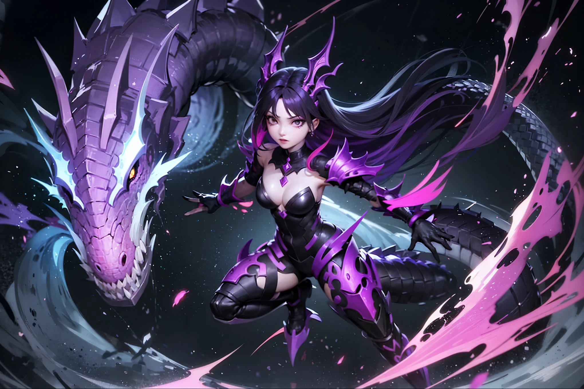 A girl fused with a dragon. image color is black. Purple hair. Bikini armor. A dragon's neck from her shoulder. Scaly armor.