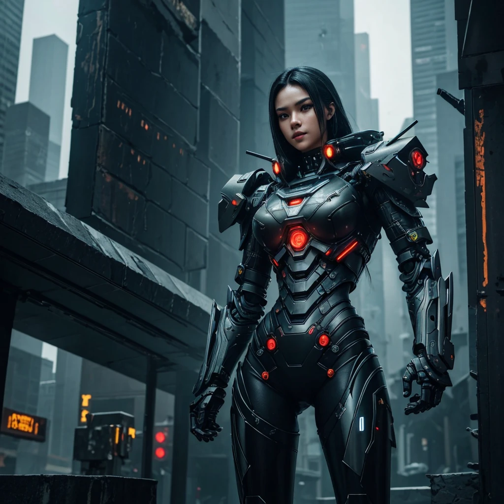 Dark_Fantasy, Cyberpunk, (Best quality, Masterpiece), Indonesian,1girl,Mechanical marvel, Robotic presence, Cybernetic guardian, wearing a cybernetic jacket, city, highest quality digital art, Stunning art, wallpaper 4k, highly detailed, military robot, army, warzone, black and white, highest quality digital art, Stunning art, wallpaper 4k,8k,64k, HD, unparalleled masterpiece, dynamic lighting, cinematic, epic, damaged mechanical parts.