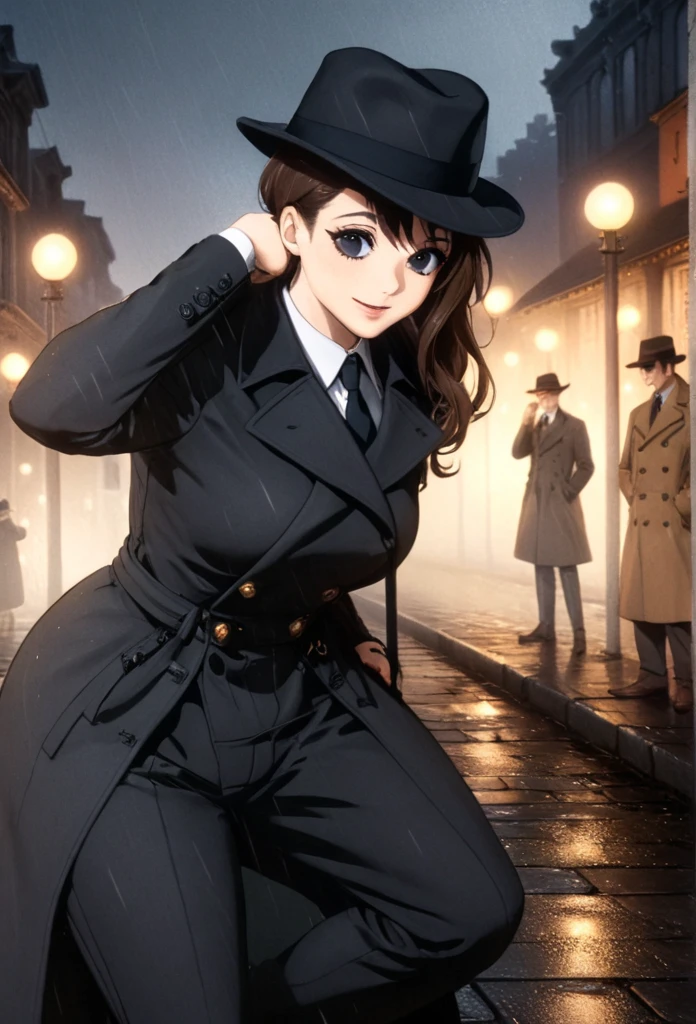 detailed illustration (side view),dynamic angle,ultra-detailed, illustration, pose for the camera, smiling at viewer, clean line art, shading, anime, 2020’s anime style, detailed eyes, detailed face, beautiful face standing on a sidewalk,

Noir Detective, trench coat, fedora hat, Johnny dollar inspired, Philip Marlow inspired, 1940’s, ,Noir, beautiful woman, in pants suit, in a open trench coat, night, rain, brown hair, hard boiled, female fatale vibes, noir, deep in thought. Gumshoe, private eye,