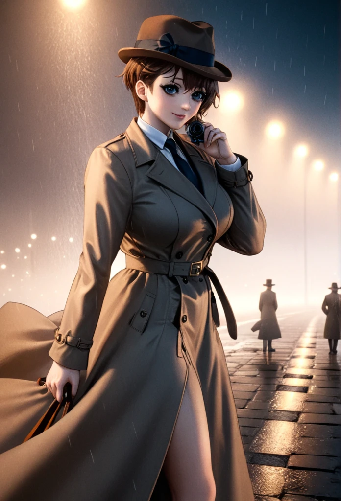 detailed illustration (side view),dynamic angle,ultra-detailed, illustration, pose for the camera, smiling at viewer, clean line art, shading, anime, 2020’s anime style, detailed eyes, detailed face, beautiful face standing on a sidewalk,

Noir Detective, trench coat, fedora hat, Johnny dollar inspired, Philip Marlow inspired, 1940’s, ,Noir, beautiful woman, in pants suit, in a open trench coat, night, rain, brown hair, hard boiled, female fatale vibes, noir, deep in thought. Gumshoe, private eye,