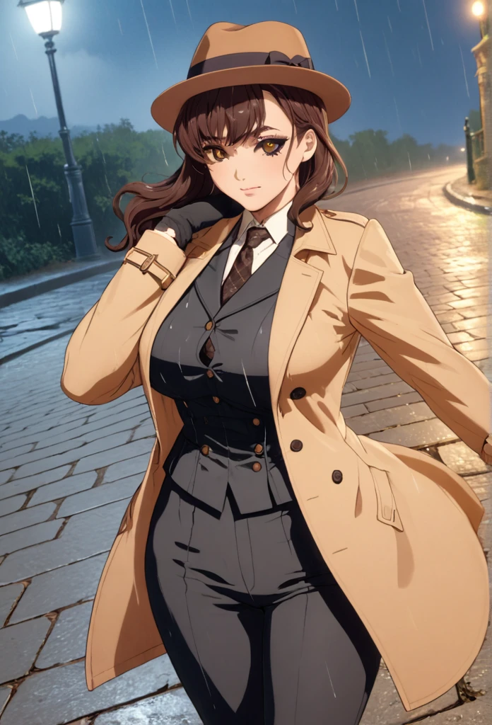 detailed illustration (side view),dynamic angle,ultra-detailed, illustration, pose for the camera, smiling at viewer, clean line art, shading, anime, 2020’s anime style, detailed eyes, detailed face, beautiful face standing on a sidewalk,

Noir Detective, trench coat, fedora hat, Johnny dollar inspired, Philip Marlow inspired, 1940’s, ,Noir, beautiful woman, in pants suit, in a open trench coat, night, rain, brown hair, hard boiled, female fatale vibes, noir, deep in thought. Gumshoe, private eye,