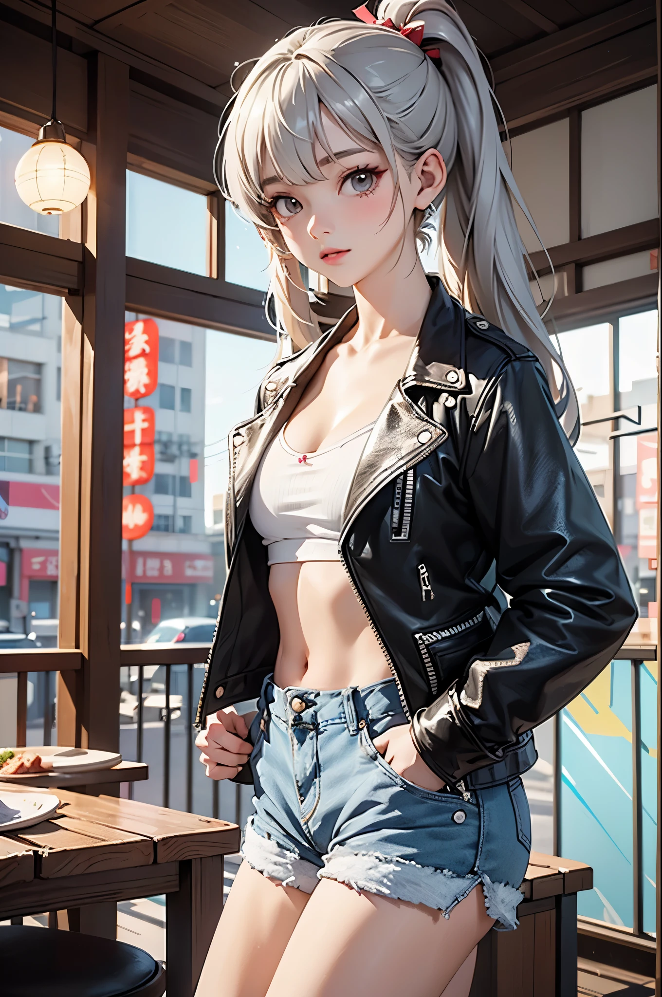A stunningly realistic 3D illustration of a Fashionable and sexy Japanese cartoons woman with spunky personality. She was wearing a branded tube top, leather jacket, and shorts. 一条带有十字架吊坠的颈链和一条Fashion的手镯凸显了她丰满而苗条的身材. Her long silver hair was tied into two ponytails., Accessorize with cute hair accessories, Outline her beautiful face. She stands confidently inside a energetic candy store, amidst a blend of modern architecture and classic design. The overall ambiance is an exciting mix of Fashion and fantasy, capturing the essence of urban life and Japanese cartoons aesthetics., Fashion, Japanese cartoons, energetic, architecture, illustration, 3d rendering