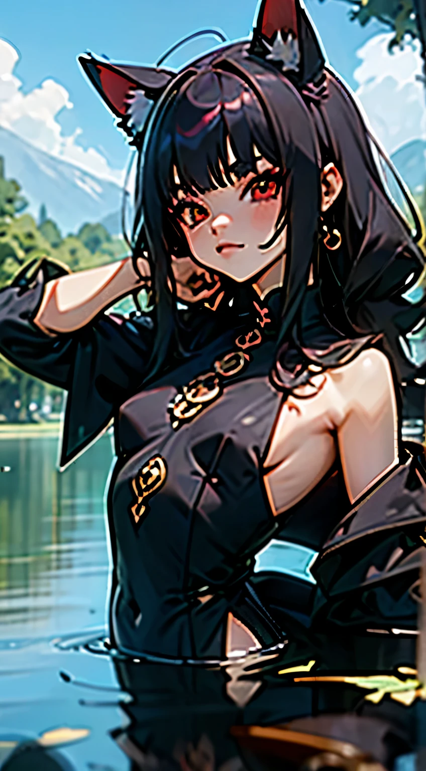 Estilo anime mejor calidad posible., mujer junkotvv, pelo largo negro,ojos rojos, orejas de gato, nadando en el lago, usando toalla, she has small breasts and perfect body, frontal, en el lago por la noche, sudoroso