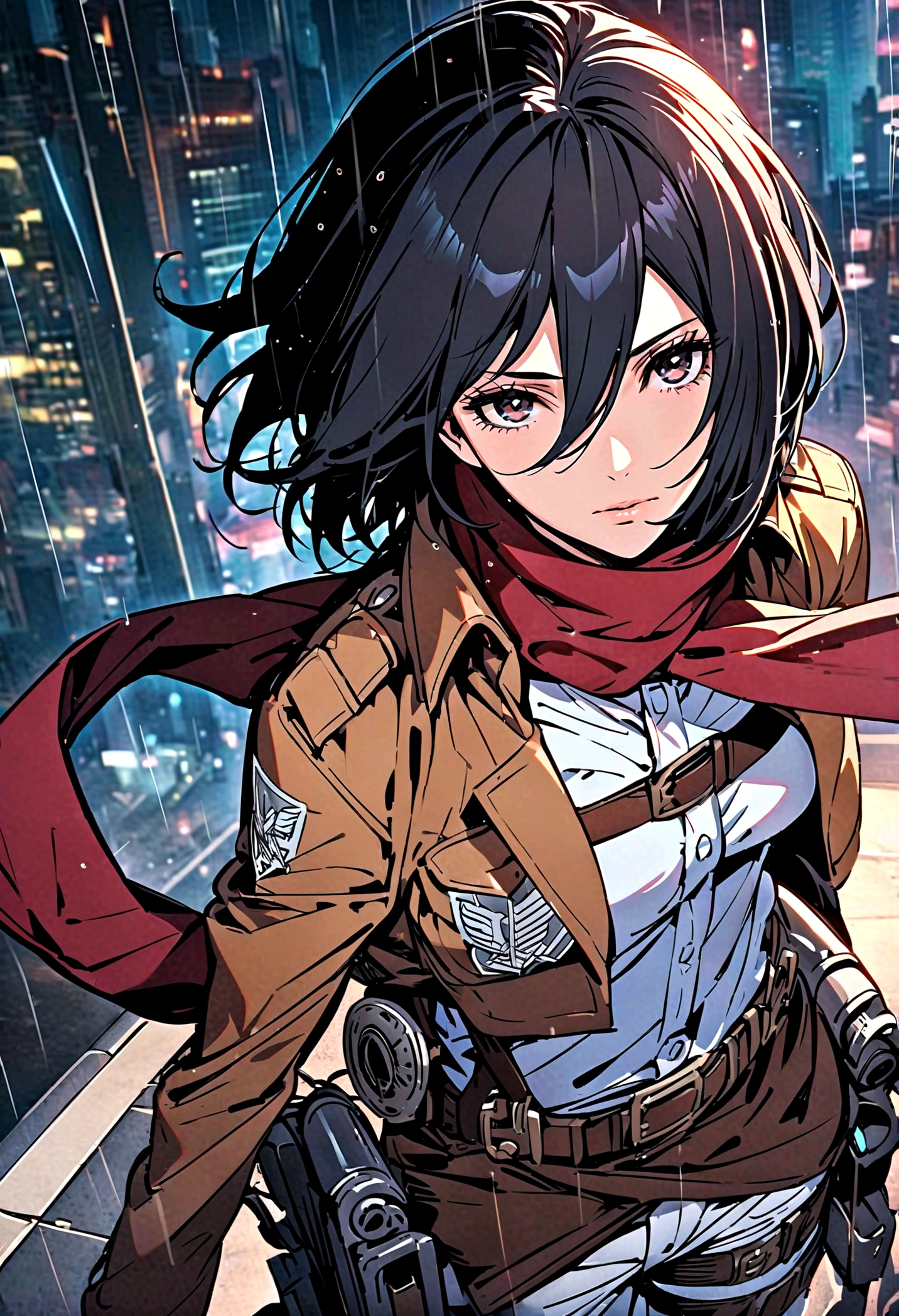 best quality, masterpiece, mikasa ackerman, Red scarf, Brown military uniform, emblem, White pants, futuristic city, night, rain,
very beautiful, Perfect composition, Intricate details, Extremely detailed