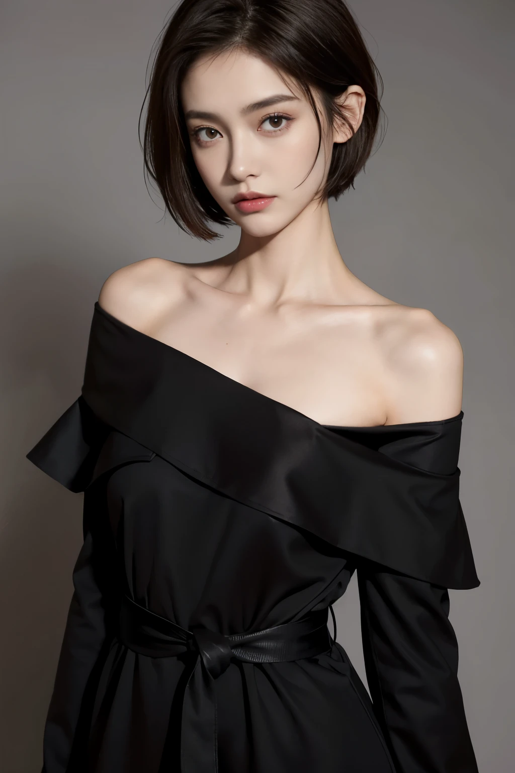 Skinny black top:1.2, looking at the audience, Light, perfect, soft Light, High resolution skin:1.2, Realistic skin texture, 30 years old adult、Small face、No makeup、, Off-shoulder,Bust B cup、 Bare trench coat, Red Eyes, short hair, Dark brown hair,Gray background、