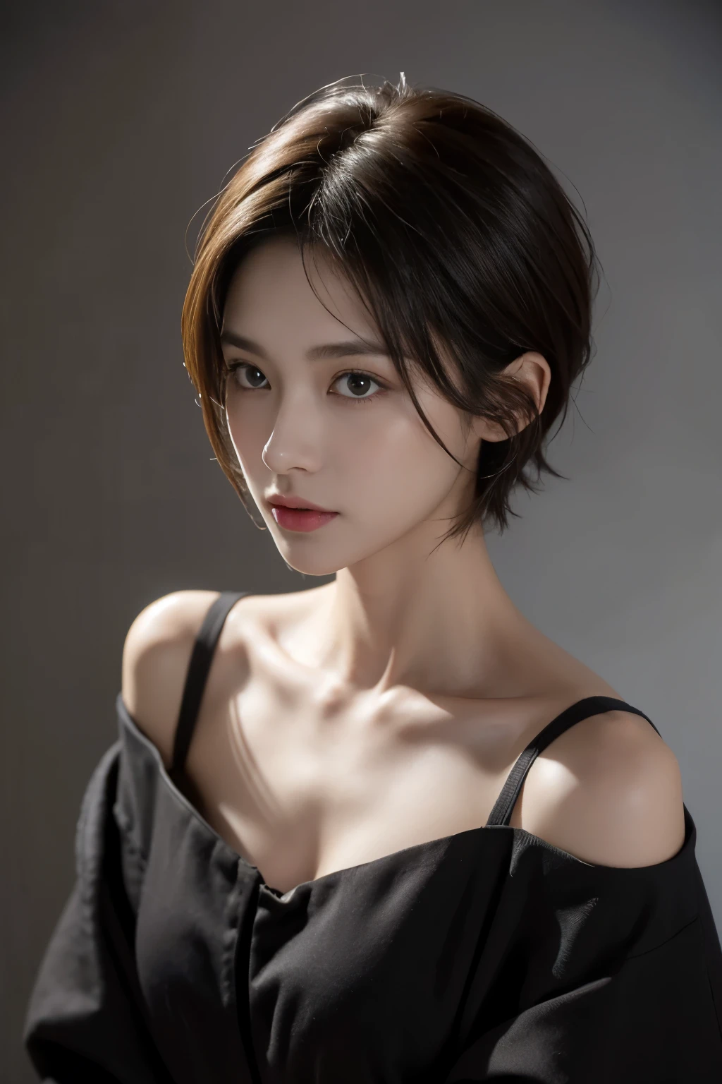 Skinny black top:1.2, looking at the audience, Light, perfect, soft Light, High resolution skin:1.2, Realistic skin texture, 30 years old adult、Small face、No makeup、, Off-shoulder,Bust B cup、 Bare trench coat, Red Eyes, short hair, Dark brown hair,Gray background、