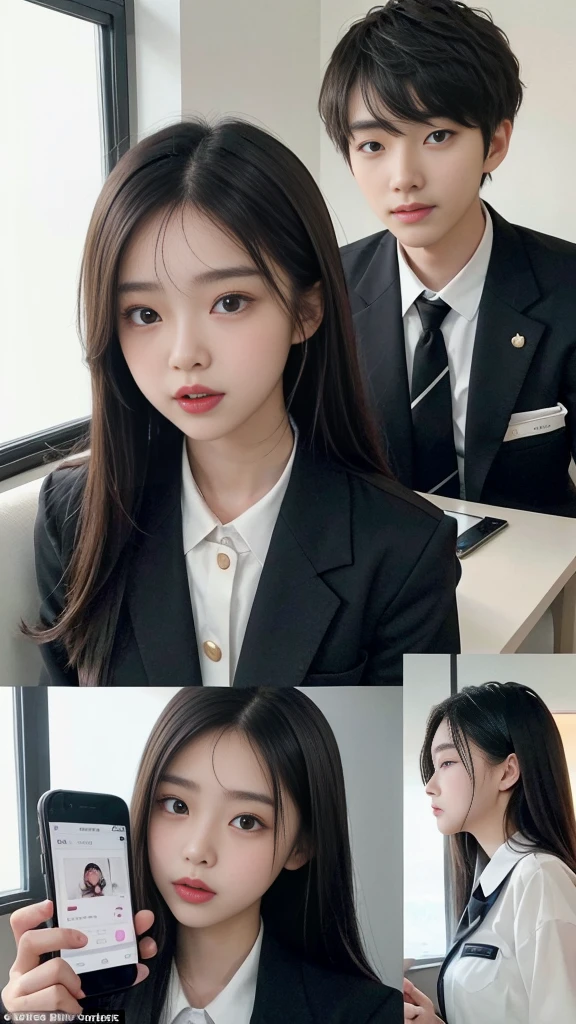  (high quality), (NSFW:1.2), Split screen vertically, 1 girl and 1 man are dating online by exchanging own photos and messages using a smartphone chatting app, 18 years old, korean, long distance relationship, The text is written in English., they weared korean high school uniforms, whole body, A woman focuses her eyes on the mobile phone screen and is happy, Upload your photos to an online community using a smartphone app, It&#39;s like a cartoon, with men going crazy over a woman&#39;s post online., They&#39;re sending a message to a girl asking to chat, You are amused by their reactions,  light makeup, slim figure, (girl weared thin and natural pantyhose : 1.9), (girl weared slim high_school uniform_pencil skirt and blouse : 1.6),(a man weared high school uniform_shirts and pants:1.5), (they weared school uniform_blazer and tie), Separation of female and male cut scenes, The story flows like a cartoon.
