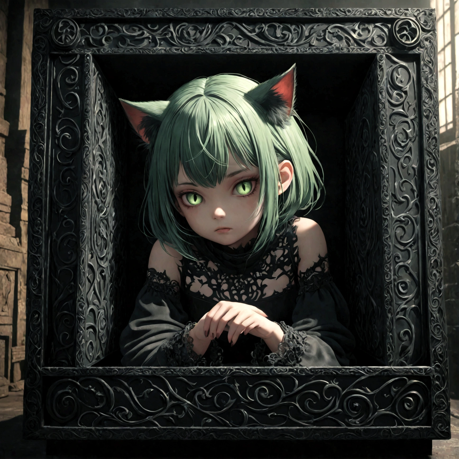 a cute cat girl with green hair, demonic aesthetics, sitting in a demonic looking box, extremely detailed face and eyes, detailed intricate hair, intricate demonic design, dark fantasy, dramatic lighting, moody colors, cinematic composition, photorealistic, 8k, high quality, masterpiece