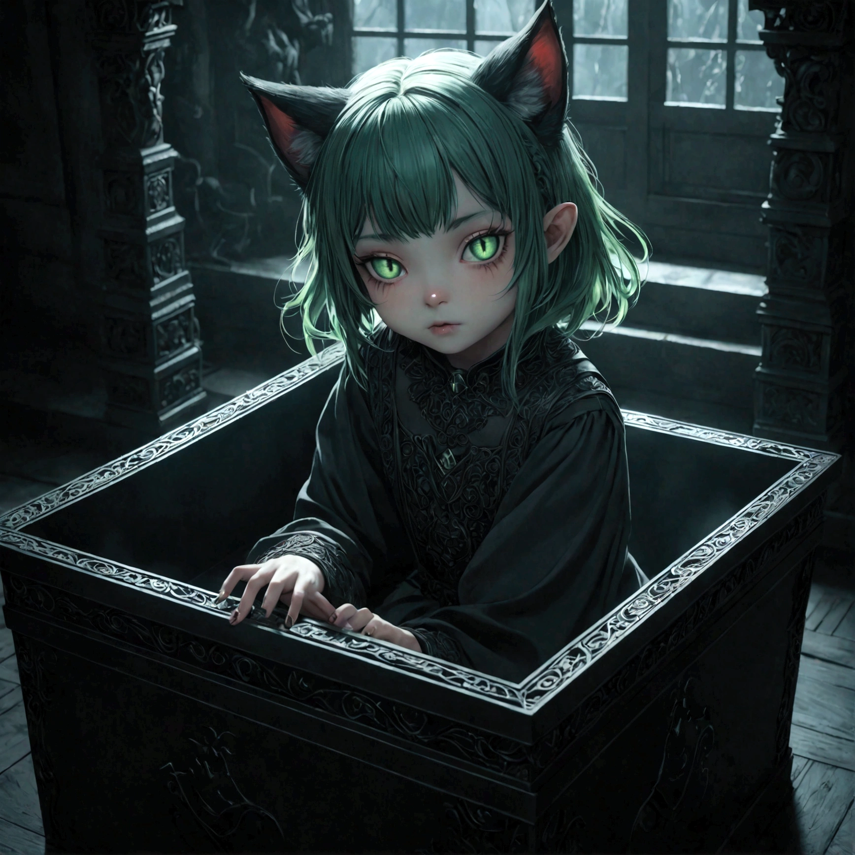 a cute cat girl with green hair, demonic aesthetics, sitting in a demonic looking box, extremely detailed face and eyes, detailed intricate hair, intricate demonic design, dark fantasy, dramatic lighting, moody colors, cinematic composition, photorealistic, 8k, high quality, masterpiece