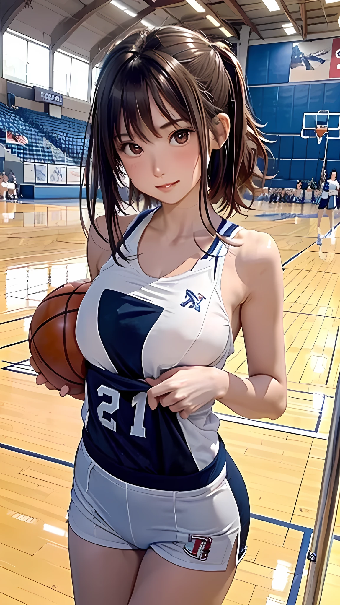 (masterpiece), (highest quality), (Very detailed), At the basketball venue, 1girl, blush, ((Lifting the basketball uniform:1.2)), Happy, View here, Big Hair, Brown Hair, shy,((slender)) ,anxiety, blush, the body is slim,(Shiny skin), from the front, From above,Long wet ears, ((topless:1.3))