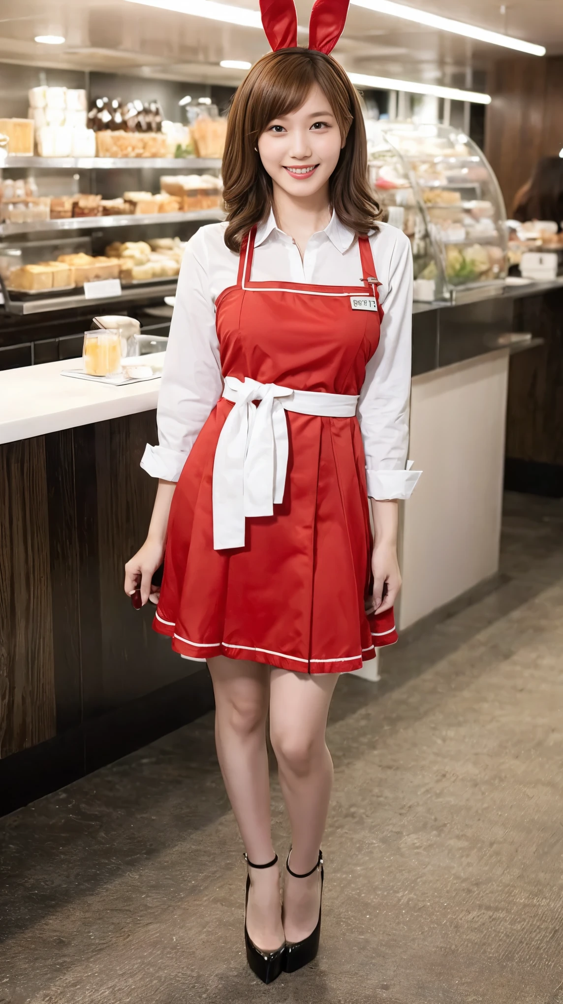 A bunny girl in a red maid outfit working at a maid cafe:1.5，The best smile:1.5，Full Body Shot:1.5，Gray background:1.5，Wearing black high heels:1.5，Brown hair, short cut, side wavy:1.5