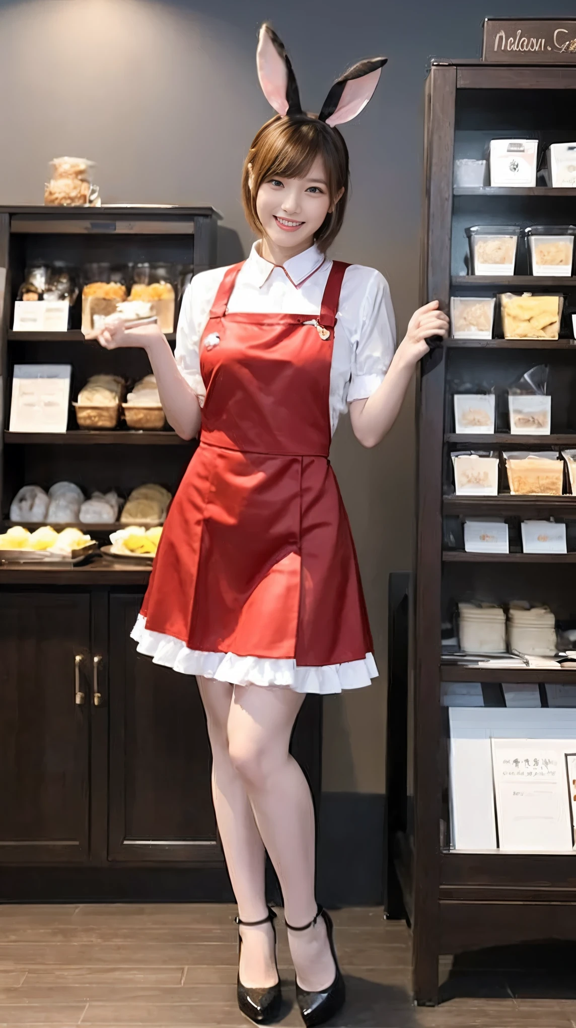 A bunny girl in a red maid outfit working at a maid cafe:1.5，The best smile:1.5，Full Body Shot:1.5，Gray background:1.5，Wearing black high heels:1.5，Brown hair, short cut, side wavy:1.5