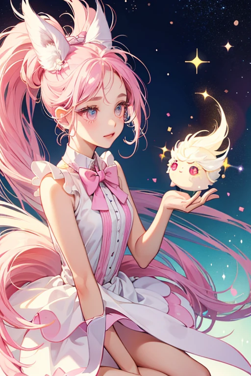 Howaitchi has white body with thin arms and legs. She has large eyes with eyelashes, a pink bow tie, and pink cheeks. She has two pink tufts on top of her head. SPARKLE; GLITTER