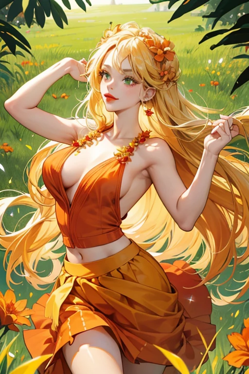 Resembling somewhat of a human hula dancer, it has flesh skin, blonde long hair, big red lips, an orange flower on its hair, and a green grass-eske skirt. SPARKLE; GLITTER