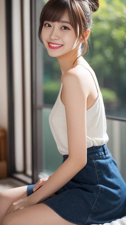 highest quality、8k wallpaper、Reality:1.4、Photographed by a professional photographer、Cinema Lighting、View your viewers、On a large bed、1 beautiful girl、Japanese Idol、19 years old、Beautifully detailed eyes、Detailed face、Beautiful Skin、Slender、Slim waist、Thin legs、Red lipstick、Blonde: 1.8、The light is shining on her hair、Bun Hair:1.8、Asymmetrical bangs、skirt、Sitting with legs apart 、smile:1.8、