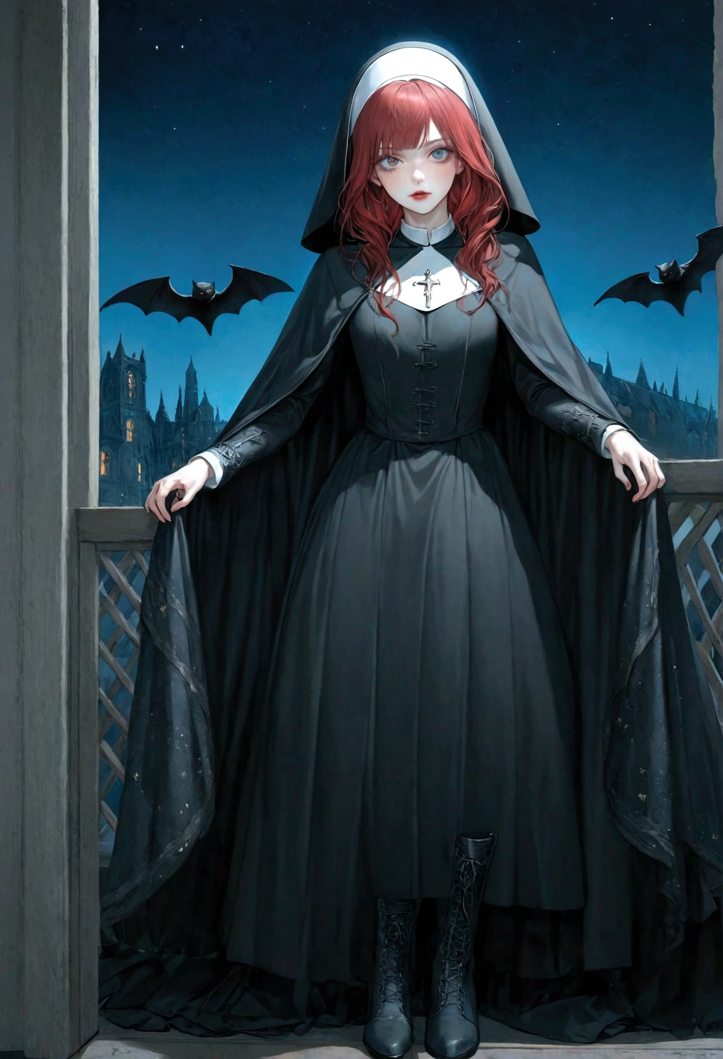 a picture of an exquisite beautiful female (nun: 1.3) vampire standing under the starry night sky on the porch of her monastary, action shot, dynamic angle (ultra detailed, Masterpiece, best quality), ultra detailed face (ultra detailed, Masterpiece, best quality), ultra feminine, (pale skin: 1.3), red hair, wavy hair, dynamic eyes color, cold eyes, glowing eyes, intense eyes, dark red lips, [fangs], wearing white nun habit (ultra detailed, Masterpiece, best quality), wearing blue cloak (ultra detailed, Masterpiece, best quality), long cloak, flowing cloak (ultra detailed, Masterpiece, best quality), wearing high heeled boots, sky full of stars background, moon, bats flying about, action shot, high details, best quality, 16k, [ultra detailed], masterpiece, best quality, (ultra detailed), full body, ultra wide shot, photorealism, dark fantasy art, dark fantasy art, gothic art, many stars, dark fantasy art, gothic art, sense of dread, bloodmagic