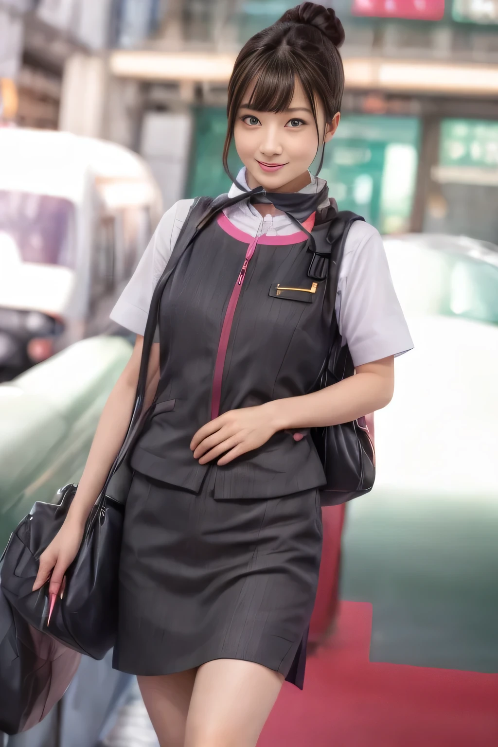 (masterpiece:1.2, highest quality:1.2), 32K HDR, High resolution, (alone、1 girl)、(At the station platform、Professional Lighting)、Background of an empty station platform、(Realistic style of JR Gran Class crew wearing uniform)、Short sleeve blouse、a scarf around the neck、(JR Gran Class flight attendant uniform with pink parts on the skirt sleeves)、(JR Gran Class flight attendant uniform with pink line on front zipper of vest)、Dark brown hair、(Hair tied up、Hair Bun、Hair Bun)、Dark brown hair、Long Shot、Big Breasts、((Great hands:2.0)),((Harmonious body proportions:1.5)),((Normal limbs:2.0)),((Normal finger:2.0)),((Delicate eyes:2.0)),((Normal eyes:2.0)))、smile、Beautiful standing posture、Place your hands around your stomach、