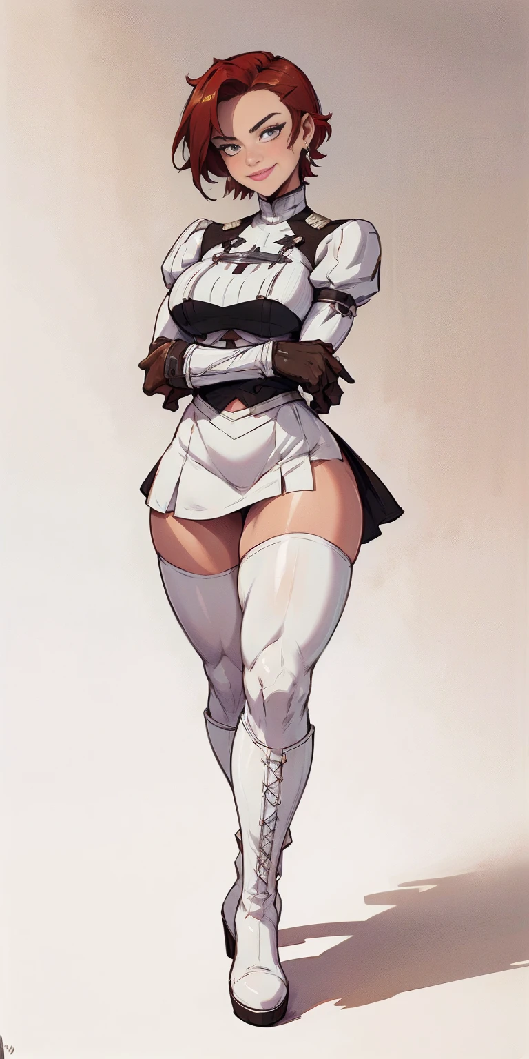 (((1 girl))) short hair, earings ,glossy lips ,team rocket uniform, red letter R, white skirt, white crop top, black thigh-high boots, black elbow gloves, evil smile, looking at viewer, cowboy shot, arms crossed, full body photo Mercedes von Martritz (Fire Emblem: Three Houses)
