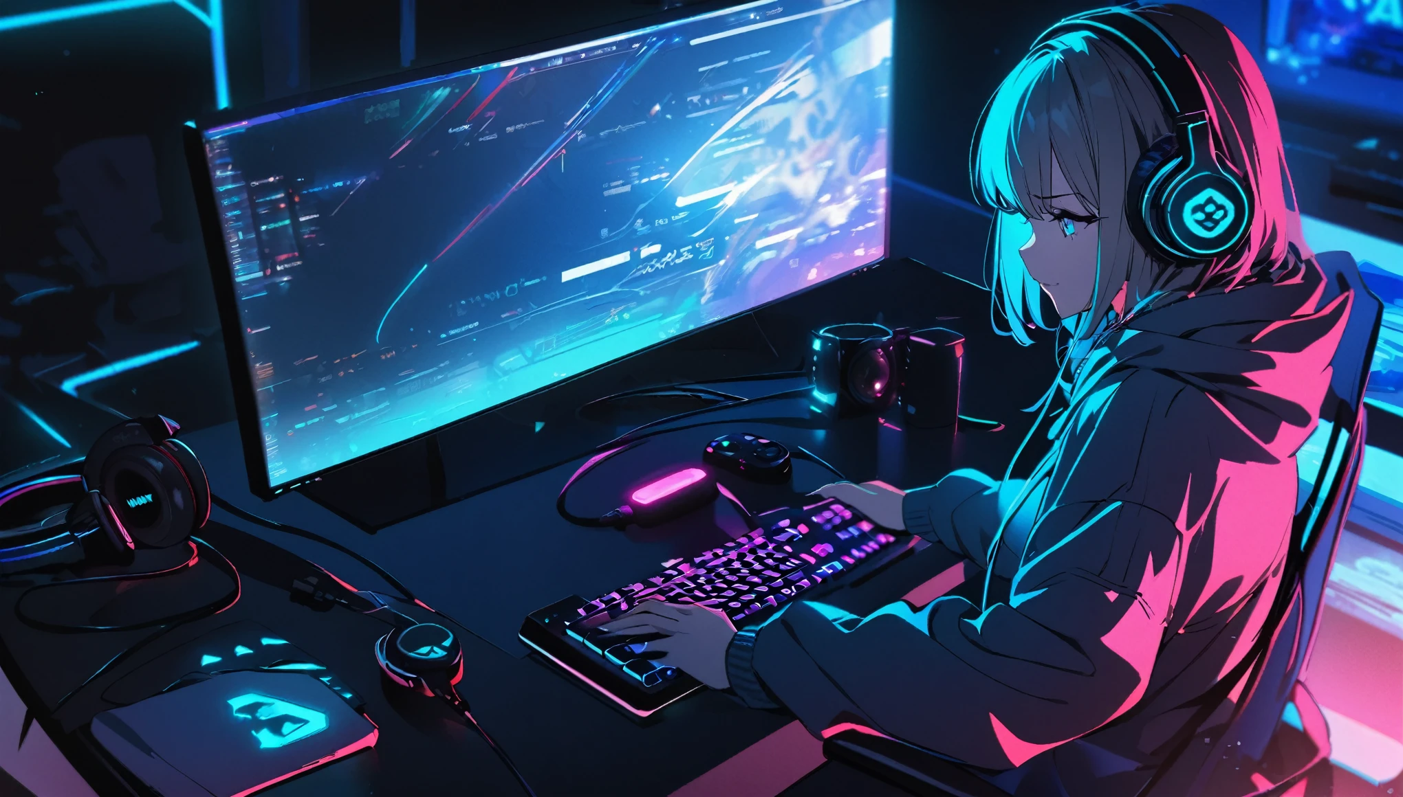  ultra detailed,1 girl, solo,  jacket with hoodie, cool, headphone, RGB lighting headphones, headphones with blue lighting, headphone with cable, blue lighting, gaming desk, gaming, desk work, wallpaper