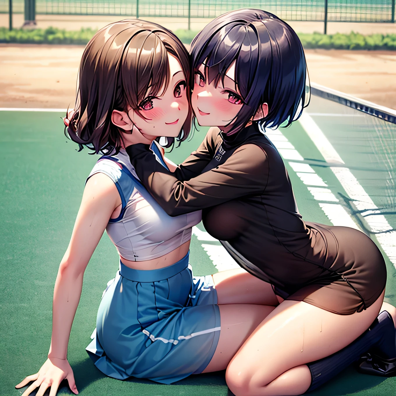 best quality,ultra-detailed,high resolution,extremely detailed CG,perfect anatomy,detailed,cinematic lighting,beautiful detailed eyes,ultra high res,(2girls:1.5),18years old,gleaming skin,oil skin,sweat,humid,trembling,strong light coming in,spot lighting,bright,revealing,nose blush,nsfw,(slut:1.2),(steam:1.2),(wet:0.8),(trembling:0.8),(drooling:0.6),(sweat:0.8),(nsfw:1.2),(Tennis uniform:1.2),(Young:1.2),Japanese,(Tennis court:1.2),large breasts,(Random Hairstyles:1.2),Bold Pose,(full body:1.2),skirt,(Sheer tops:1.5),Shyness,(lure:1.5),(Smile:1.3),(Lesbian:1.9),kiss